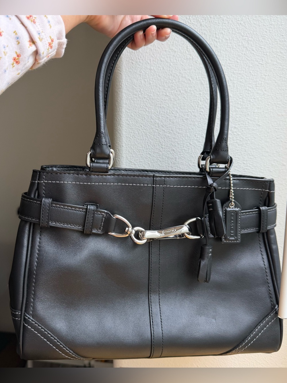 Coach Hampton Belted Black Leather Satchel with Silver Hardware and Top Handles
